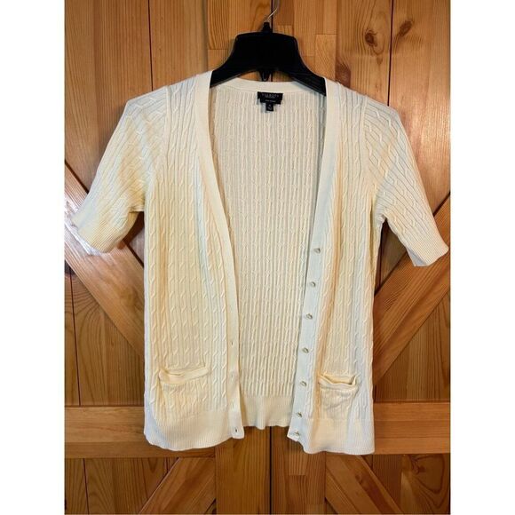 TALBOTS Small Pima Cotton Cable Knit Pastel Yellow Short Sleeve Sweater Cardigan - Picture 1 of 5